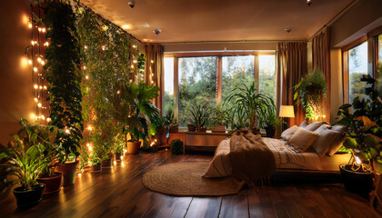 String Lights Woven Through Indoor Plants