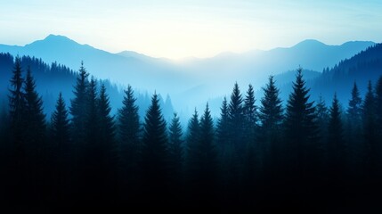 Fototapeta premium A captivating image of a misty mountain range silhouetted against a serene blue sky, with a foreground of lush, dense forest. The scene evokes a sense of tranquility, mystery, and the vastness of natu