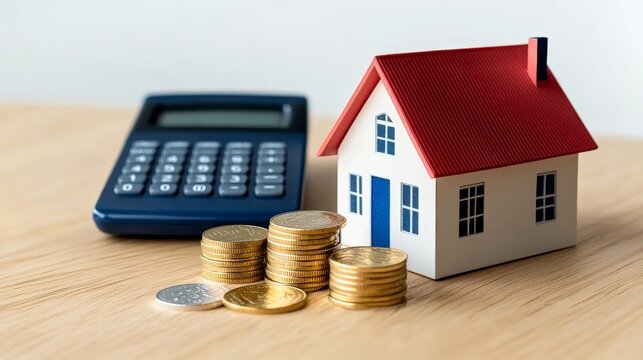A calculator, a miniature house, and stacks of coins symbolize the financial planning, budgeting, and savings required for homeownership.