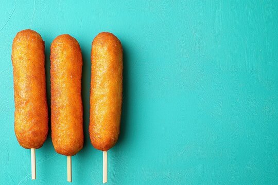 Three delicious golden brown corndogs on wooden sticks placed on a bright turquoise surface, showcasing a classic snack with a vibrant presentation..