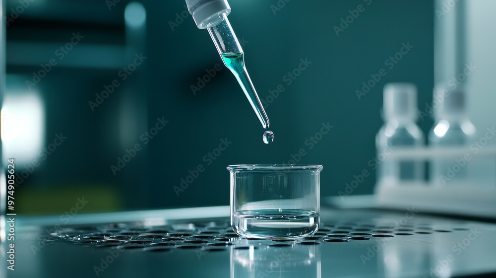 Poster a close-up of a laboratory pipette dispensing a drop of liquid into a beaker, highlighting precision