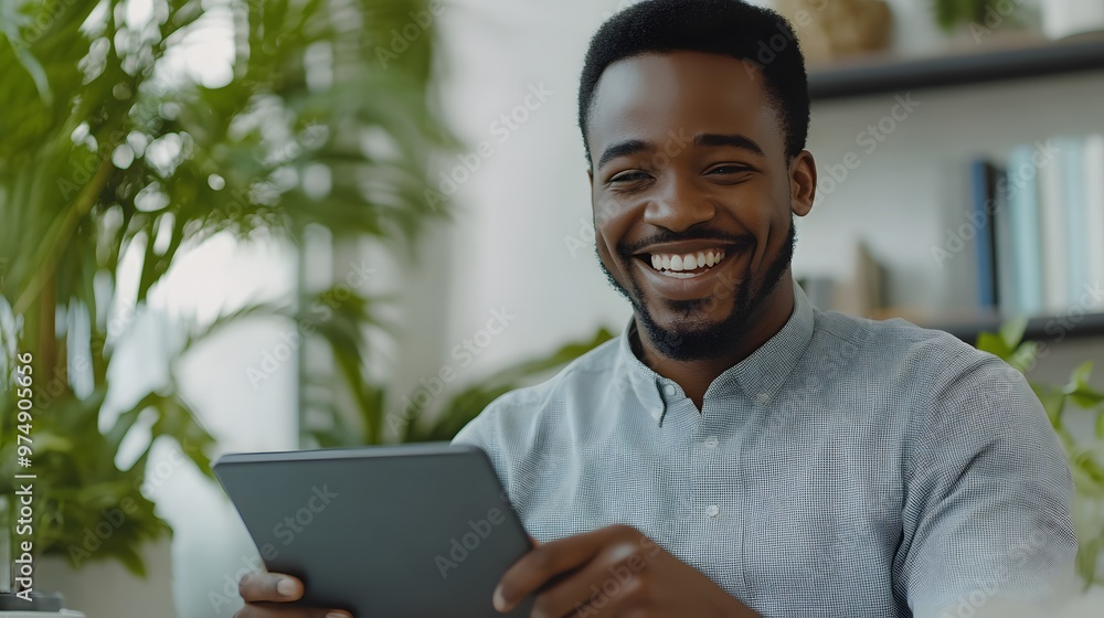 Poster a happy man using a tablet computer in an office setting
