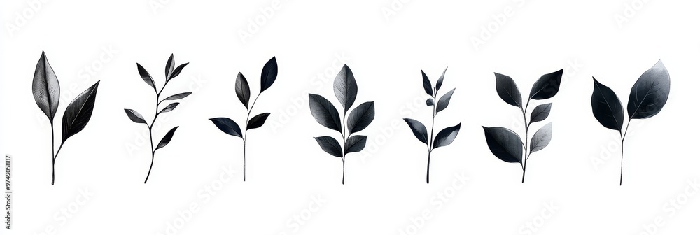 Poster a collection of eight hand-drawn botanical silhouettes featuring delicate leaves and branches. perfe