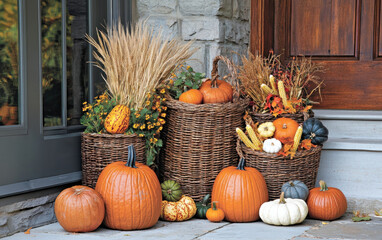 Rustic harvest baskets filled with pumpkins and gourds on a porch during autumn