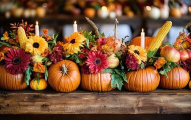 Elegant harvest centerpiece featuring pumpkins, seasonal flowers, and candles for a warm autumn celebration