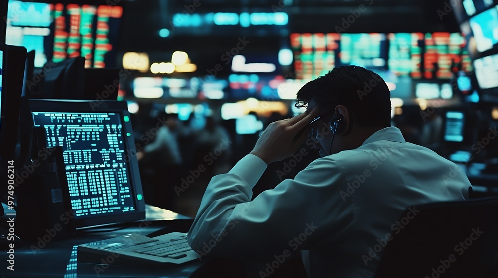 Poster stressed stock trader working late in a busy trading room, analyzing market data and making investme