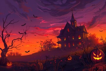 Gothic Halloween Mansion with Bats and Glowing Pumpkins..