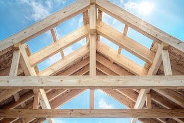 Obraz premium A wooden frame structure of a house in the process of construction, showcasing beams, supports, and the building foundation in a development site..