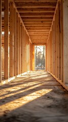 Fototapeta premium A wooden frame structure of a house in the process of construction, showcasing beams, supports, and the building foundation in a development site..