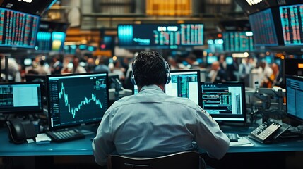 Obraz premium Stock Trader Working at Desk in Busy Trading Floor