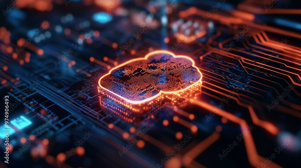 Poster a futuristic cloud computing platform integration with a glowing cloud icon on a circuit board, symb