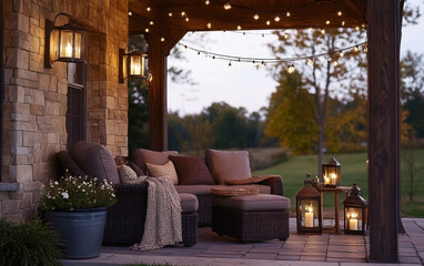 Cozy outdoor seating area with lanterns and string lights creating a warm ambiance on a tranquil evening