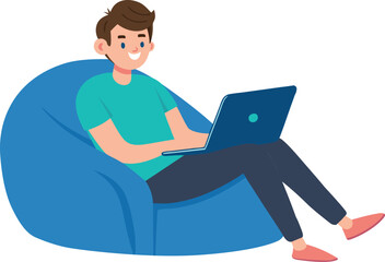 Man working at home sitting in couches with laptop. Flat vector illustration