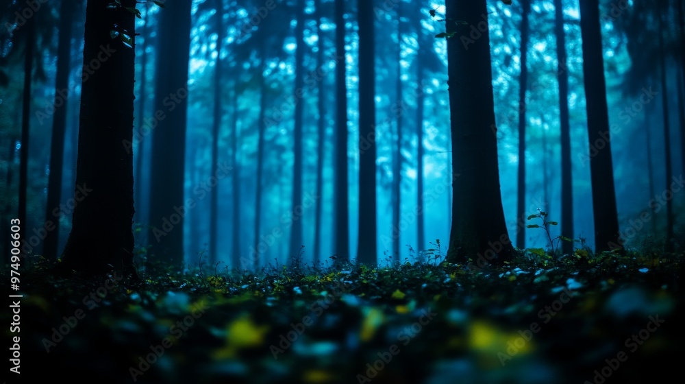 Poster a gentle breeze rustles the leaves of a dense forest, creating a magical, almost otherworldly atmosp