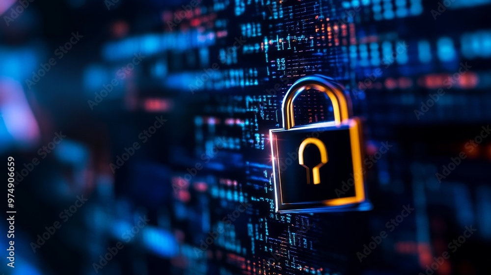 Poster a golden padlock symbol, representing data security, stands out against a backdrop of digital code. 