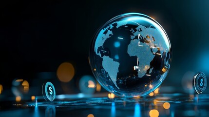 A glass globe symbolizing global business and finance, interconnectedness, international trade, economic growth, and world markets.