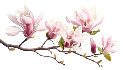 Beautiful pink spring magnolia flowers on a tree branch isolated on white