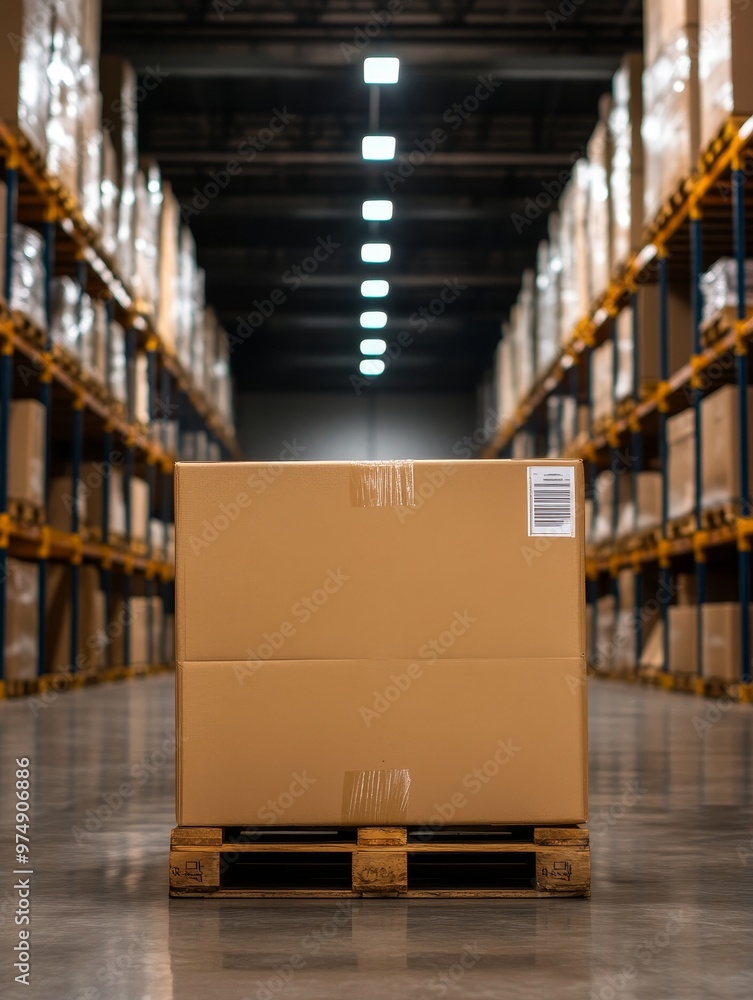 Poster a large cardboard box sits on a pallet in a warehouse. the box is in the center of the frame with ro