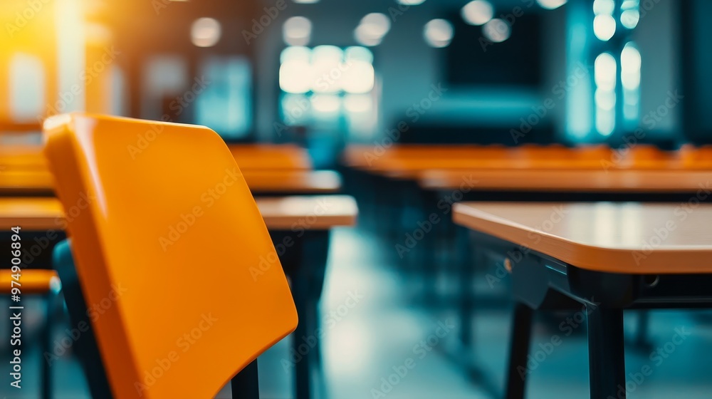 Poster a lone orange chair in an empty classroom. the background is blurred, creating a sense of solitude a