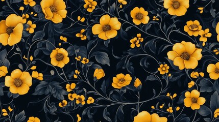 Obraz premium Yellow floral pattern on a dark background, elegant and detailed,