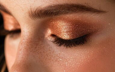 A close-up view of shimmering copper and bronze eye makeup highlighting a fall-inspired look against a soft autumn background