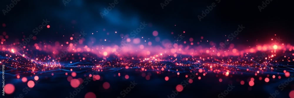 Poster a mesmerizing abstract image depicting a digital landscape, with glowing particles and ethereal line