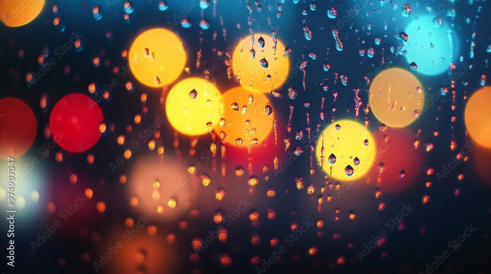 Aufkleber a mesmerizing view of colorful bokeh lights blurred through raindrops on a window, creating a sense 