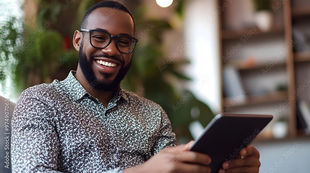 Poster smiling black man using tablet in a casual setting