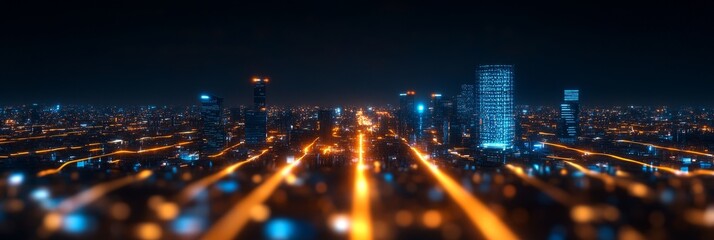 Fototapeta premium A mesmerizing view of a futuristic city at night, illuminated by a network of glowing lights and advanced AI technology. Skyscrapers reach for the sky, while intricate pathways connect the urban lands