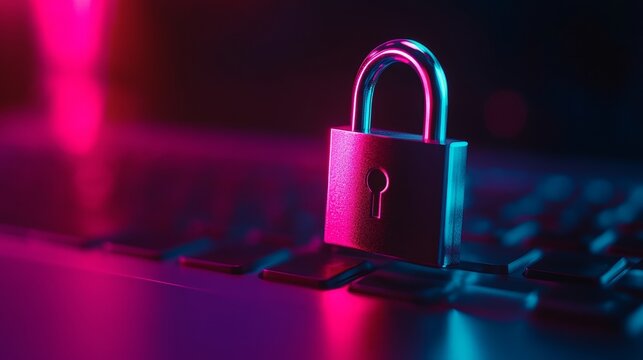 A padlock on a laptop keyboard symbolizes data protection, online safety, privacy, secure connection, and digital security.