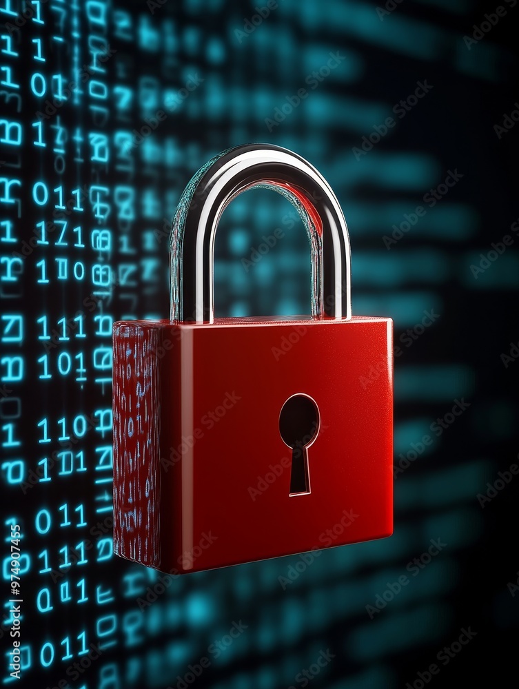 Poster a red padlock with a silver shackle, symbolizing data security, cyber protection, privacy, digital s