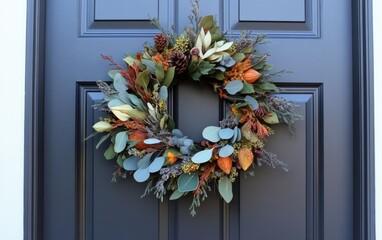 Modern fall floral wreath with muted colors displayed on a contemporary door