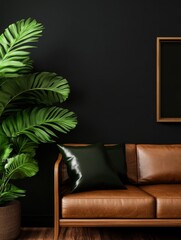 A sleek and stylish living room featuring a dark wall, a comfortable leather couch, and a lush green plant, creating a modern and inviting atmosphere.