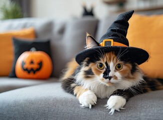 Cute calico cat wearing a witch hat for Halloween with a pumpkin