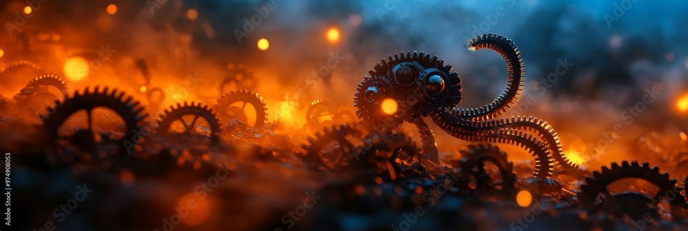Poster a surreal and captivating image of a mechanical creature, its body crafted from gears and cogs, risi