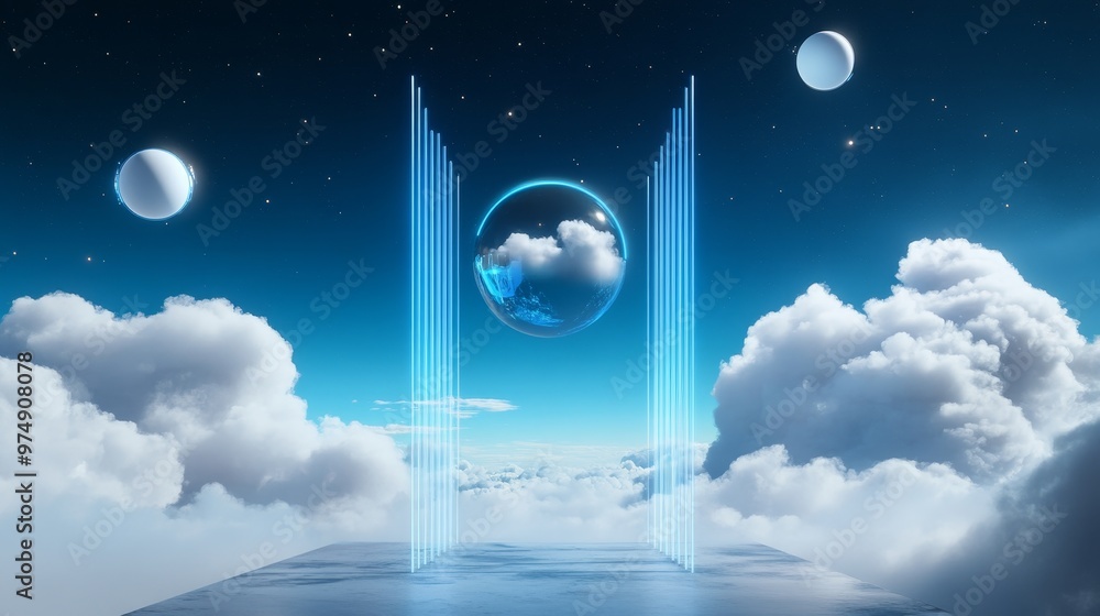 Poster a surreal landscape with a glowing portal symbolizing cloud computing, data storage, connectivity, a