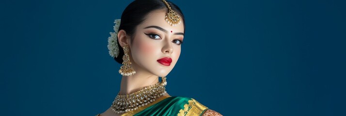 A stunning Indian woman with traditional henna, wearing a beautiful green and gold sari with intricate jewelry. Her elegant attire and makeup symbolize grace, culture, and beauty.