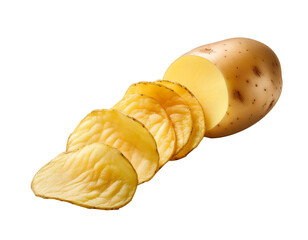 Potato slices turning into chips ,Potato chips isolated on white background
