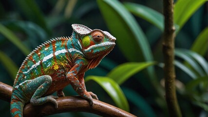 Fototapeta premium Lebensechte Tierfotografie: Detaillierte Nahaufnahme eines farbenwechselnden Chamäleons im Regenwald