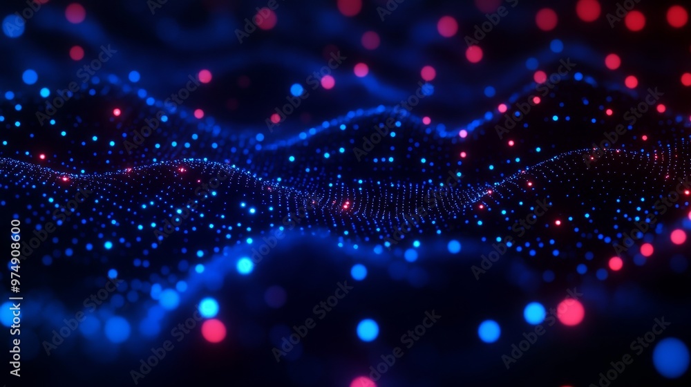 Aufkleber abstract data flow visualization with glowing red and blue led lights on a 3d dotted surface, repres