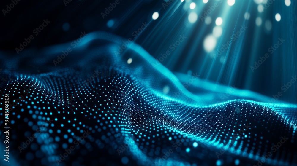 Poster abstract digital background featuring a blue fractal mesh with glowing light rays, symbolizing techn