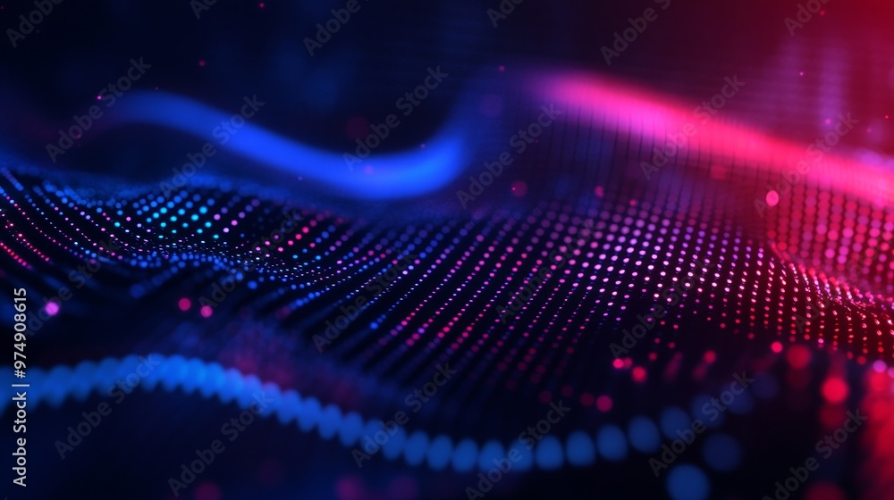 Poster abstract digital flow with red and blue led lights on a 3d dotted surface symbolizing technology, da