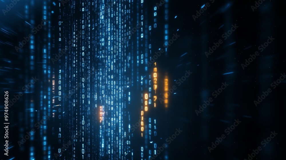 Poster abstract digital code lines background with blue and orange hues, symbolizing data flow, technology,