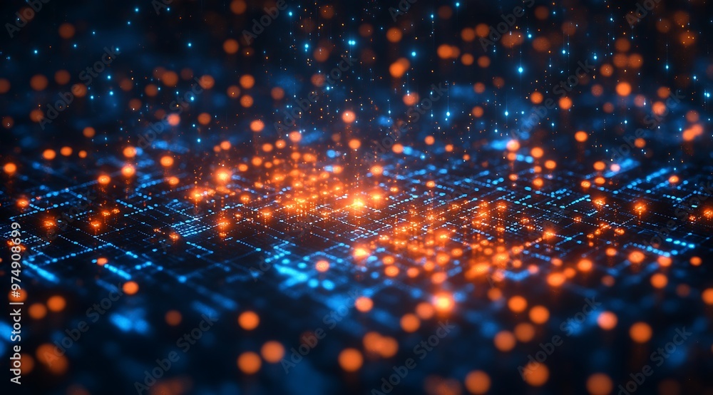 Poster abstract technology background with glowing circuit board, data, and digital network