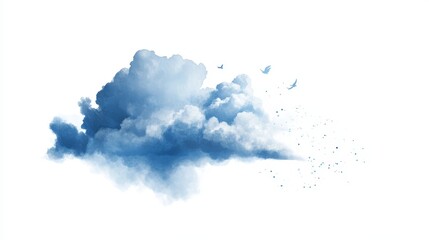 Abstract watercolor painting of a blue cloud with birds dispersing, symbolizing freedom, dreams, serenity, transformation, and hope.