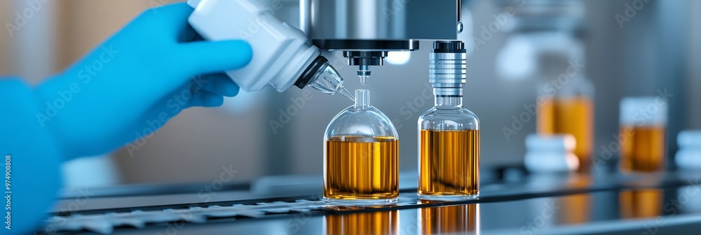 Poster automated liquid filling machine in action, showcasing precise dispensing of liquid into bottles, hi