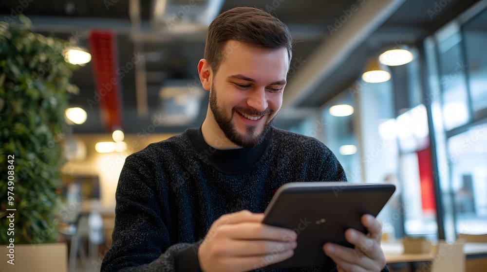 Poster smiling man using a tablet in a cafe