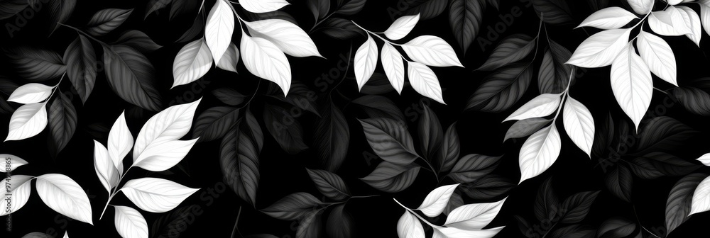Poster black and white pattern featuring intricate leaf designs with sharp, defined lines, creating a visua