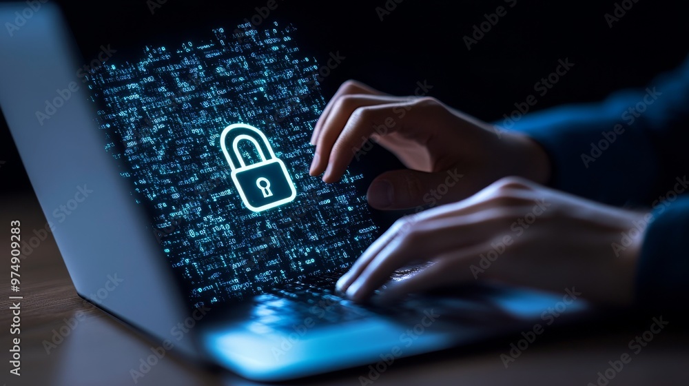 Poster cybersecurity expert working on a laptop with a padlock symbol displayed on the screen, representing