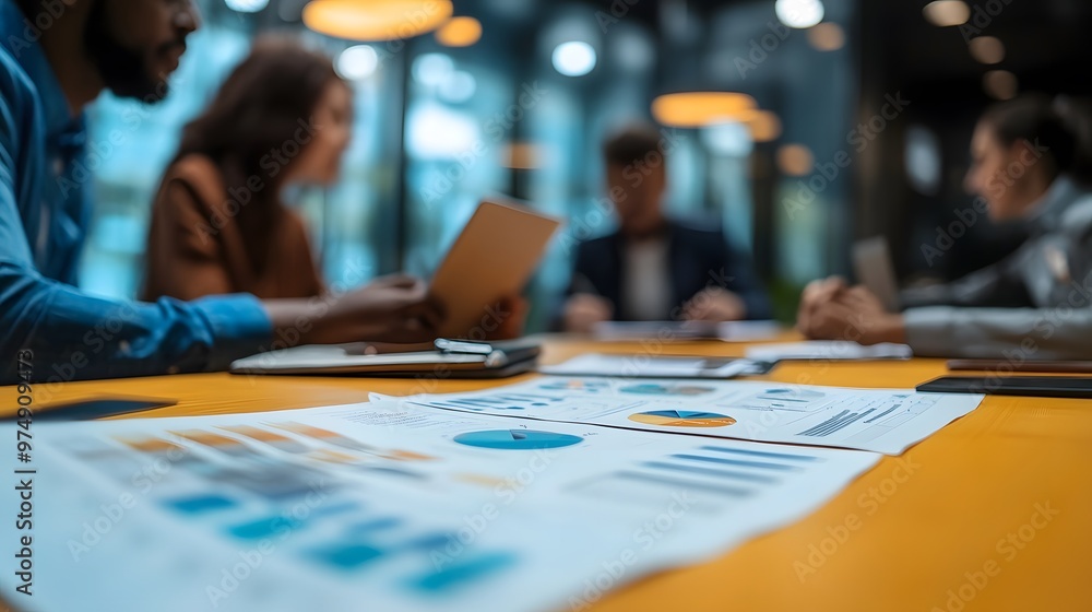 Poster a close-up of a business meeting with charts and graphs on a table